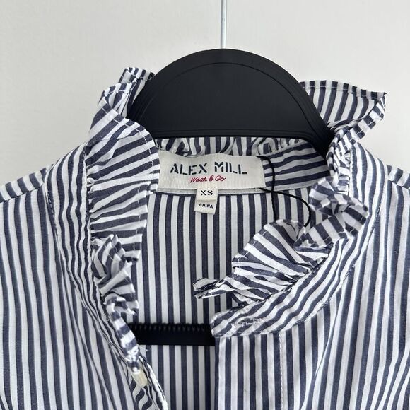 Alex Mill Top Womens XS Blue White Striped Easy Ruffle Frill Neck Cotton Career - Picture 4 of 11